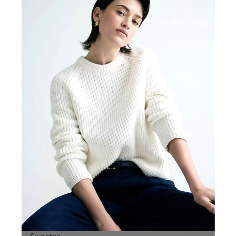 Quince Organic Cotton Fisherman Crew Sweater Ivory White Long Sleeve Sz Small